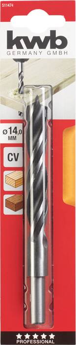 'kwb Germany GmbH' Bohrer-Verpackung. Zeigt einen Holzbohrer mit 14 mm Durchmesser, geeignet für Holz und Mehrschichtplatten.