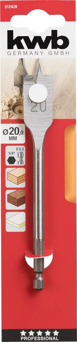 Bohrerspitze in Blisterverpackung auf rotem Hintergrund, gekennzeichnet mit '20 mm'. Geeignet für Holz, Gipskarton und Kunststoff.