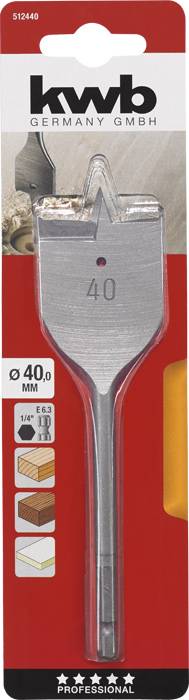 Bohreraufsatz in Verpackung; spitzer Kopf mit '40' markiert. Geeignet für Holzarbeiten. Marke 'kwb', Länge 40 mm.