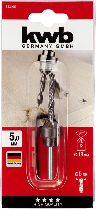 'KWB Germany GmbH' Bohrer-Set, 5 mm, für Holz bearbeitende Arbeiten. Verpackung zeigt Bohrer mit Holz-Oberfläche im Hintergrund.