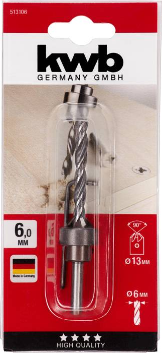 Bohrer-Set in Verpackung, abgebildet mit Holzbohrung. Text: '6 mm', 'High Quality', 'Made in Germany', Zeichnungen zur Nutzung bei 90°.
