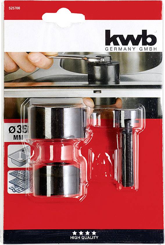 Verpackung eines Lochsägensets von 'kwb Germany GmbH', mit Schrift 'Ø35 MM High Quality'. Enthält Sägeblatt und Bolzen für Metallbearbeitung.