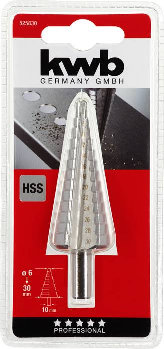 Verpackung eines Stufenbohrers der Marke 'kwb Germany GmbH' mit Größenmarkierungen von 4 mm bis 30 mm, geeignet für Metall.