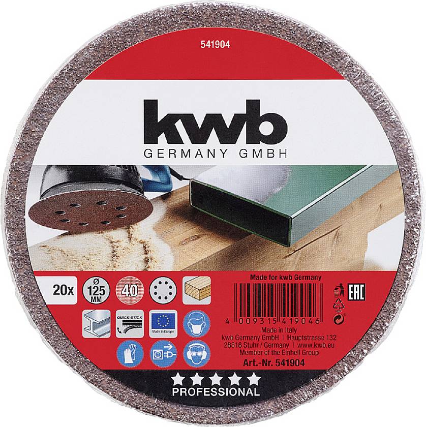 'Schleifscheiben-Set, 20 Stück, 125 mm, 40 Körnung. Made for kwb Germany. Geeignet für Holzbearbeitung.'