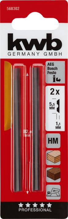 Verpackung mit zwei Ersatzklingen der Marke kwb für Maschinen von AEG, Bosch und Festo. Größe: 5,5 mm, 82 mm Länge, Material: Hartmetall (HM).