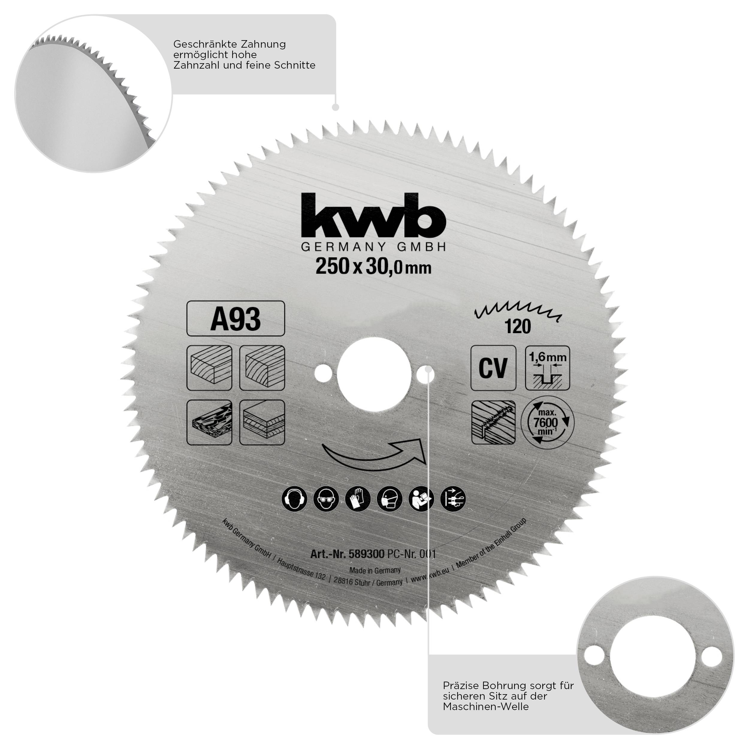 'Kreissägeblatt der Marke kwb Germany GMBH, Durchmesser 250mm, 1.6mm Dicke, geeignet für Holz, Geschwindigkeit bis 7600 U/min.'