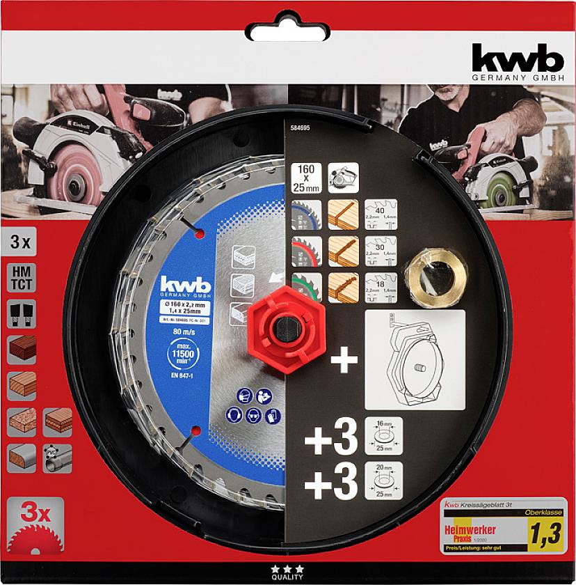 Kreissägeblatt-Set von 'kwb' für Holz und Metall, inklusive drei HM-Sägeblätter und passender Adapter. Verpackung zeigt Spezifikationen.