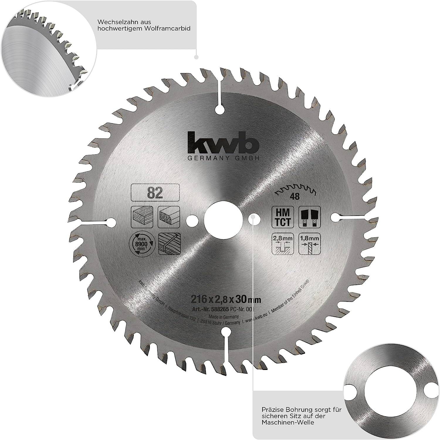 Das Bild zeigt ein Sägeblatt der Marke KWB, geeignet für Holz und Metall, mit präziser Bohrung und Wechselzähnen aus hochwertigem Wolframcarbid.