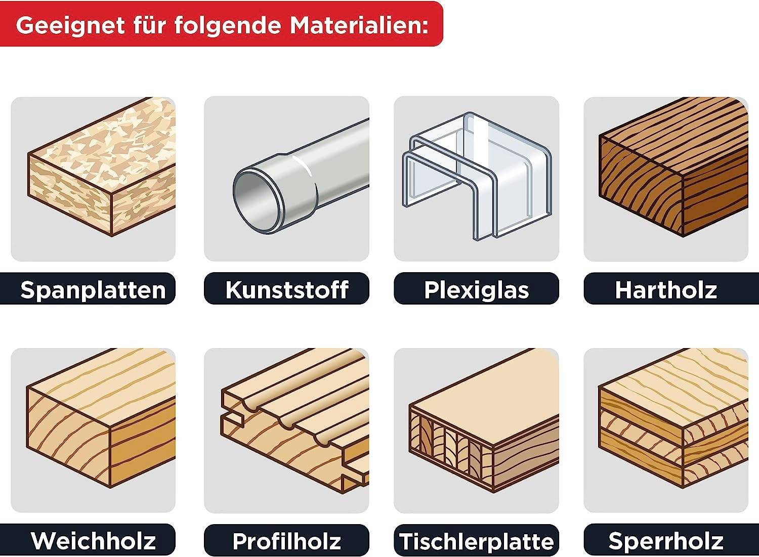 'Geeignet für folgende Materialien: Spanplatten, Kunststoff, Plexiglas, Hartholz, Weichholz, Profilholz, Tischlerplatte, Sperrholz.'