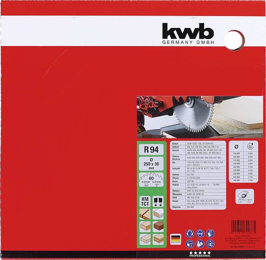 Rote Verpackung einer Sägeblattscheibe von 'kwb GERMANY GMBH'. Details zur Größe, Material und Anwendungsmöglichkeiten werden angezeigt.