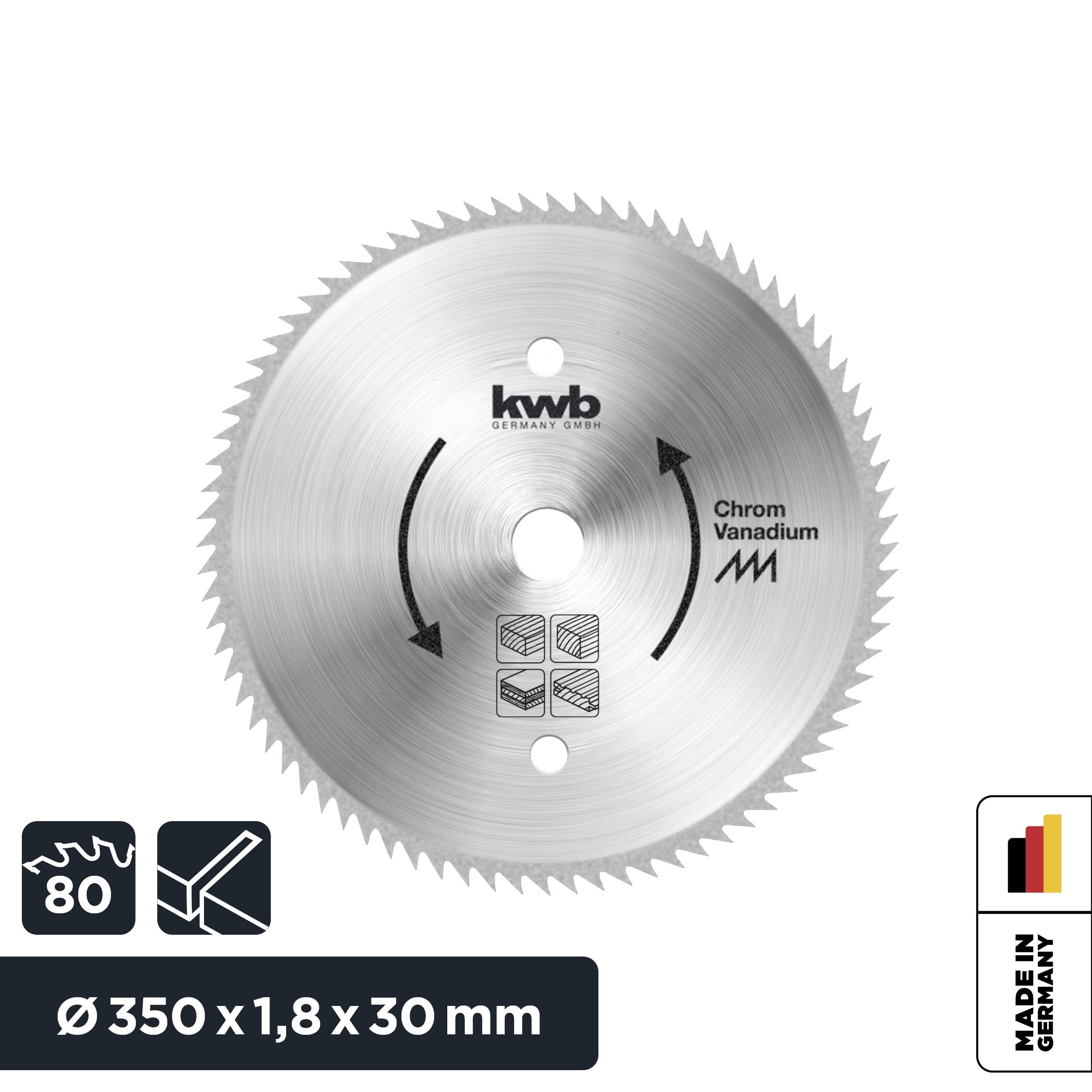 Kreissägeblatt aus Chrom-Vanadium, Durchmesser 350 mm, Stärke 1,8 mm. Geeignet für Holz, Aluminium und Kunststoff. Made in Germany.