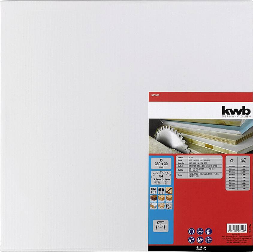 Verpackung eines KWB Sägeblattes mit technischen Details: Durchmesser 300 mm, Bohrung 30 mm, Schnittbreite 60 Zähne, für Holz geeignet.