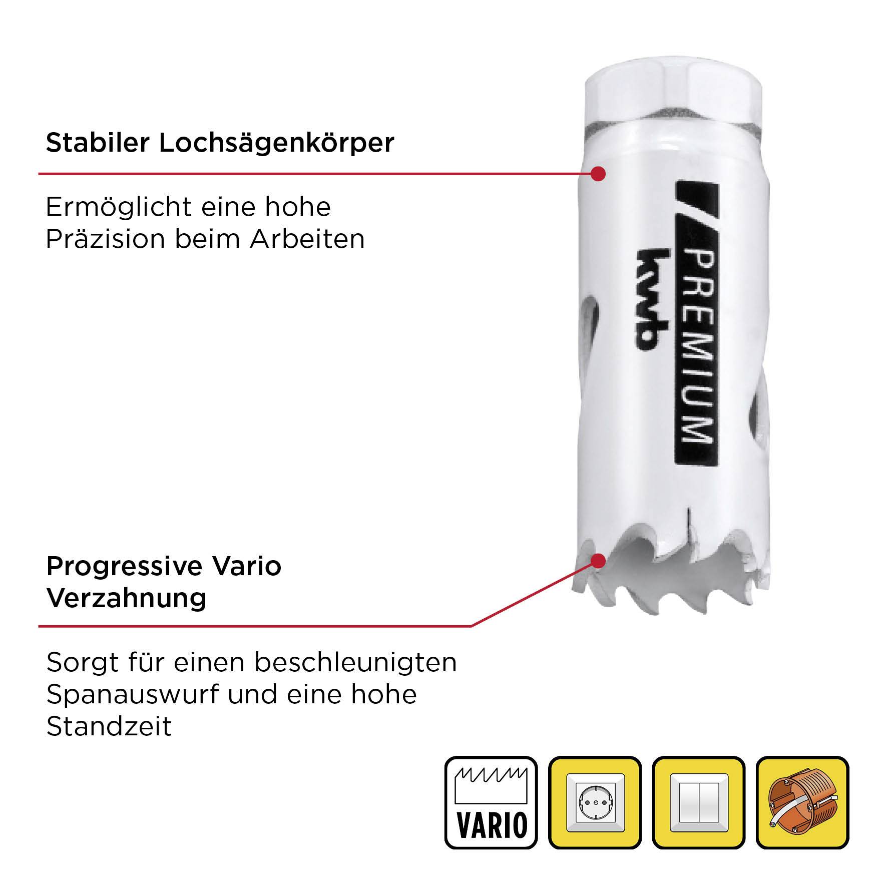 'Premium-Lochsäge mit stabilem Körper für hohe Präzision. Progressive Vario Verzahnung beschleunigt Spanabwurf, erhöht Standzeit.'