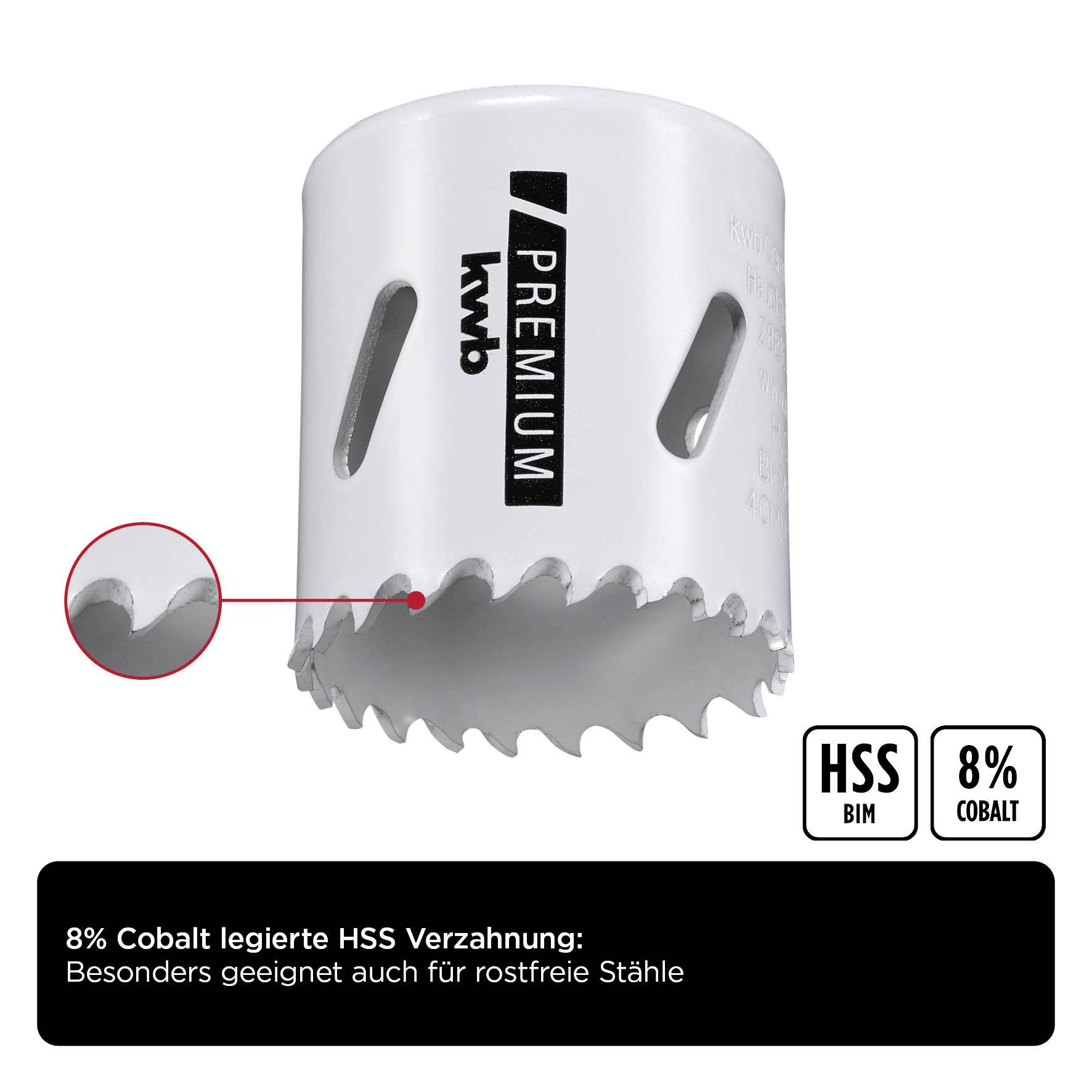 Bimetall Lochsäge mit 8% Kobalt für HSS-Verzahnung, geeignet für rostfreie Stähle. Darstellung eines Schneidezahns und Produktext.