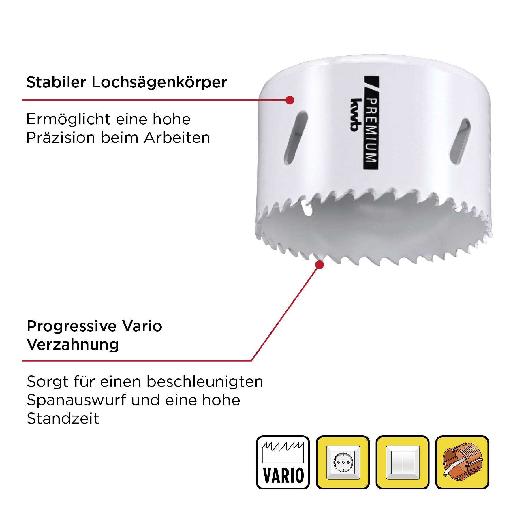 Lochsäge mit stabilem Körper und progressiver Verzahnung; ermöglicht präzises Arbeiten und beschleunigten Spanwurf.