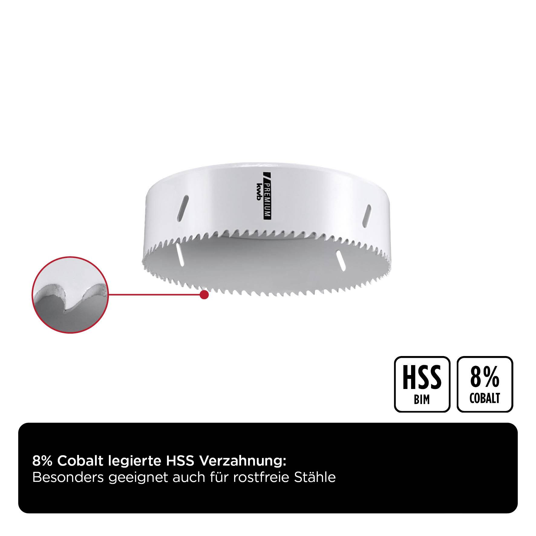 Lochsäge mit 8% Kobalt legierte HSS Verzahnung, besonders geeignet für rostfreie Stähle. Rechteckige Symbole: "HSS BIM" und "8% COBALT".