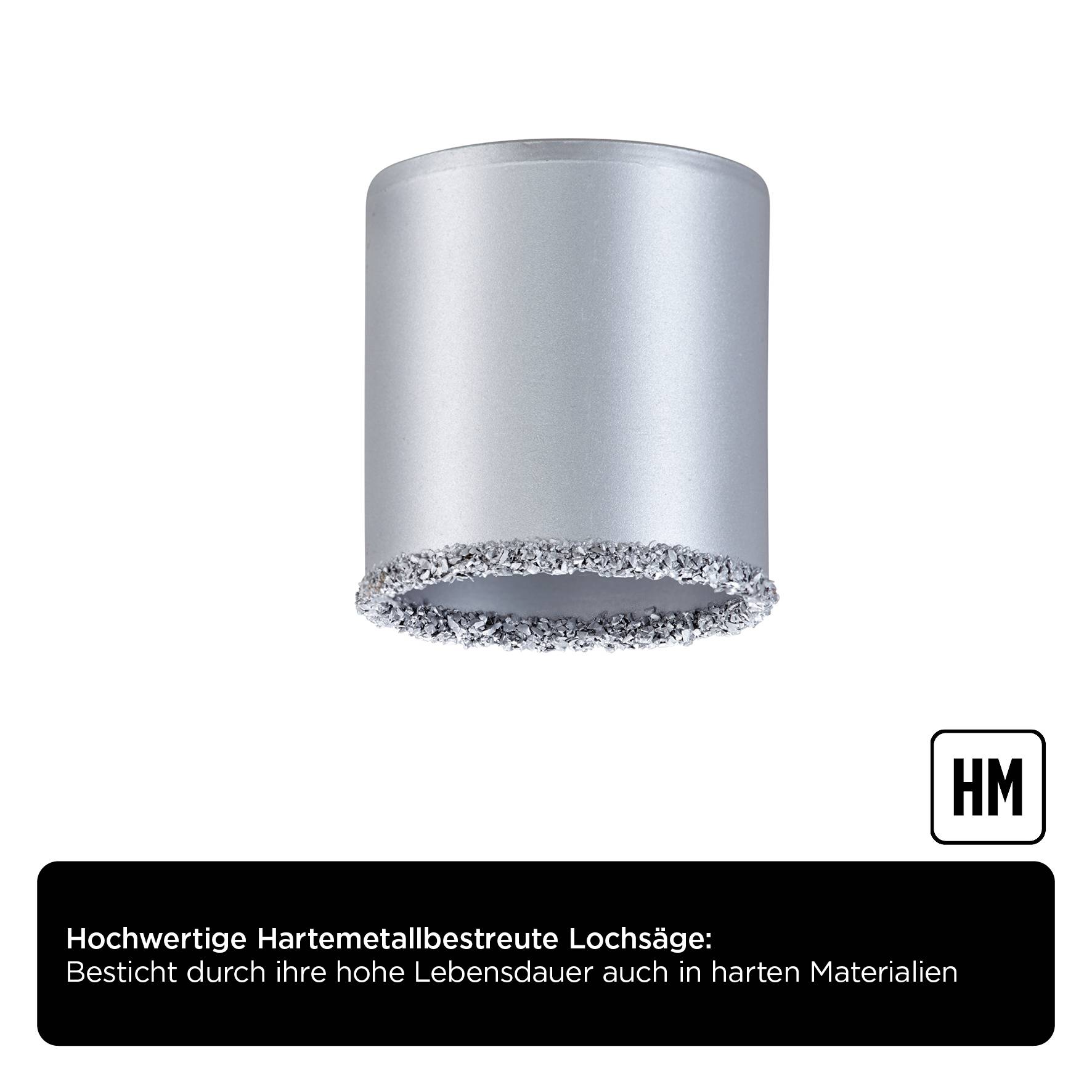 Hochwertige Hartmetall-Lochsäge mit hoher Lebensdauer für harte Materialien, hervorgehoben durch Bild eines silbernen Bohrzubehörs.
