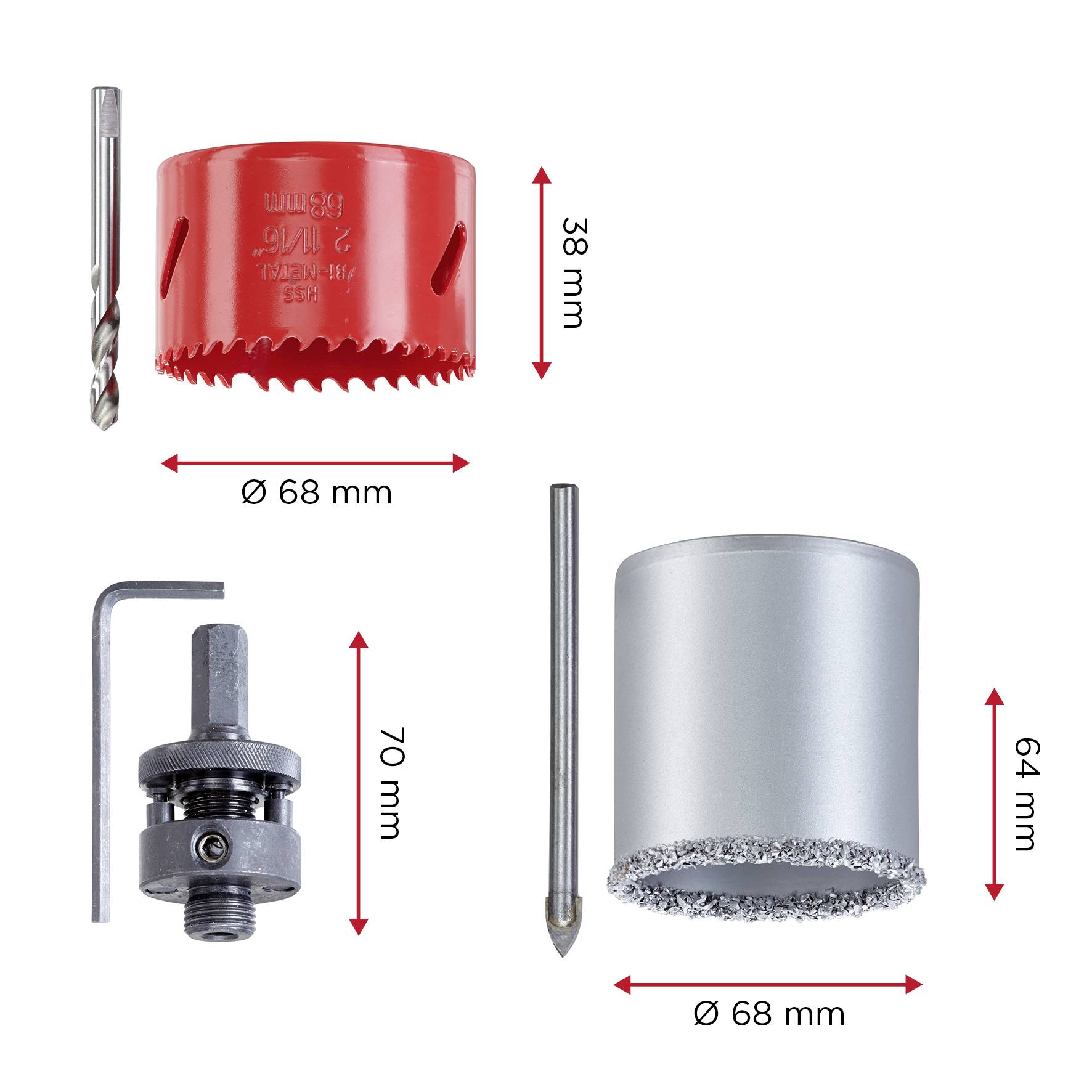 'Bohrkrone-Set mit einer roten Bohrkrone (Ø 68 mm), silberner Bohrkrone (Ø 68 mm), zwei Bohrern und einem Winkelschlüssel.'