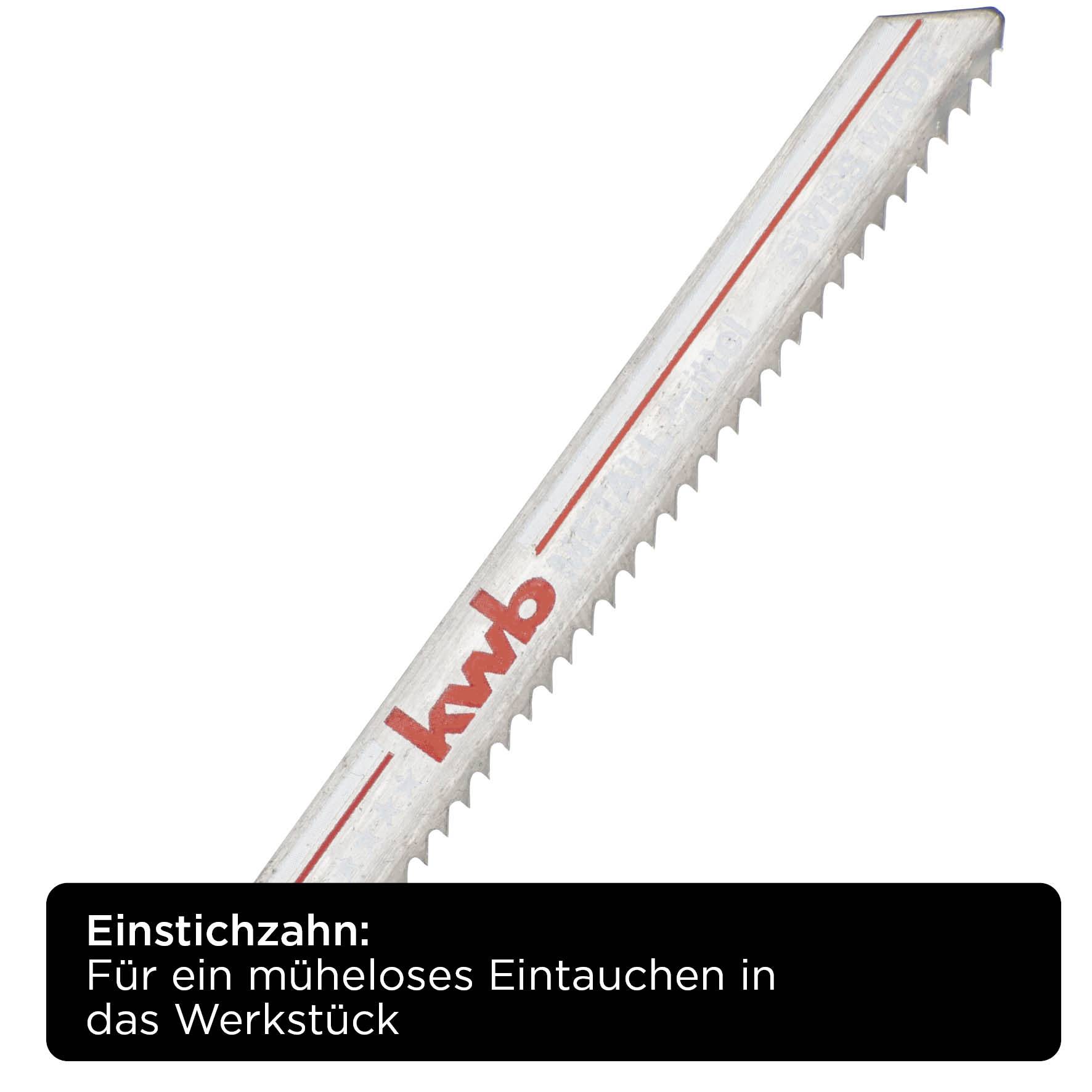 'Sägeblatt mit Aufschrift: kwb, Einstichzahn: Für ein müheloses Eintauchen in das Werkstück.'