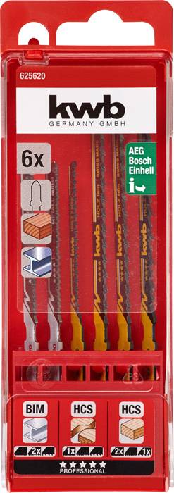 Verpackung mit sechs Sägeblättern von KWB, geeignet für Holz und Metall. Passend für AEG, Bosch, Einhell. Enthält BIM und HCS Klingen.