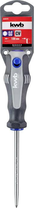 Schraubendreher mit grauem Griff und blauer Drehkappe. Oben am Griff ist ein Flaschenöffner integriert. Marke 'kwb'.