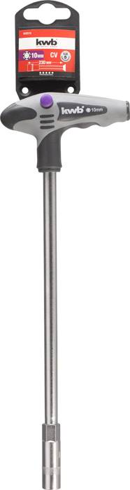 T-Griff Steckschlüssel in Silber mit schwarzem Griff und Herstelleretikett. Geeignet für handwerkliche Anwendungen.