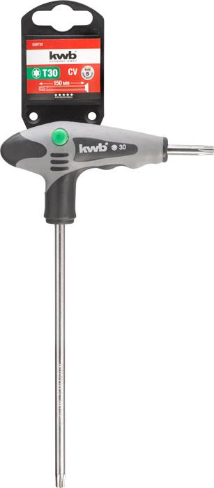 T-Griff-Schraubendreher Torx T30 von kwb, mit langem Schaft und grauem Griff, geeignet für präzises Verschrauben und hohe Drehmomente.