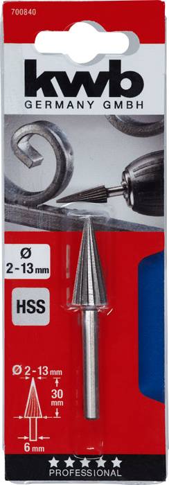 HSS-Stufenbohrer von 2 bis 13 mm der Marke 'kwb Germany GmbH' in Verpackung. Geeignet für Metallbohrungen, professioneller Einsatz.