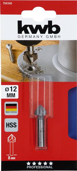 'kwb Germany' Verpackung eines HSS-Senkbohrers, geeignet für 12 mm Loch, mit Abbildung eines Bohrers im Einsatz.
