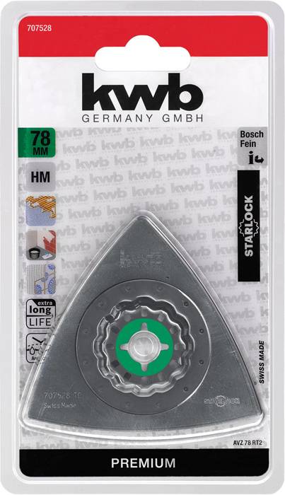 KWB Sägeblatt für Bosch-Fein Geräte, 78 mm, Starlock-System. Geeignet für lange Lebensdauer, 3D-Verpackung zeigt Form und Größe.