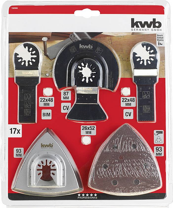 'Werkzeug-Set von kwb: 5 verschiedene Sägeblätter für unterschiedliche Materialien, verpackt in einer roten Kunststoffhülle.'