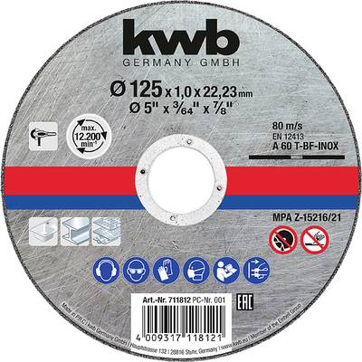 Schleifscheibe mit Aufschrift 'kwb GERMANY GMBH'. Durchmesser 125 mm. Max. 12.200 U/min. Geeignet für Edelstahl. Symbole für Schutzmaßnahmen.