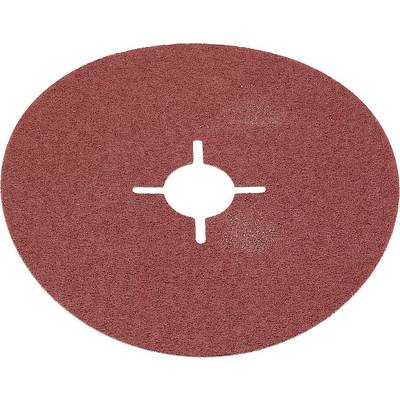 Rundschleifpapier mit zentralem Loch und vier Auskerbungen, rot gefärbt, verwendet für das Schleifen verschiedener Oberflächen.