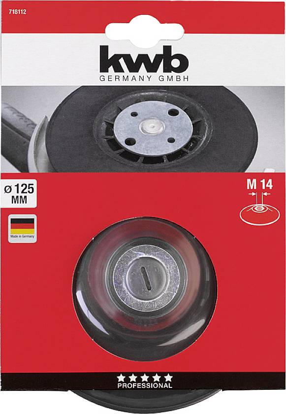 'Kwb Germany GmbH' Schleifscheibe, Ø 125 mm, M14 Gewinde. Verpackung zeigt Schleifscheibe, Hinweis auf professionelle Nutzung.