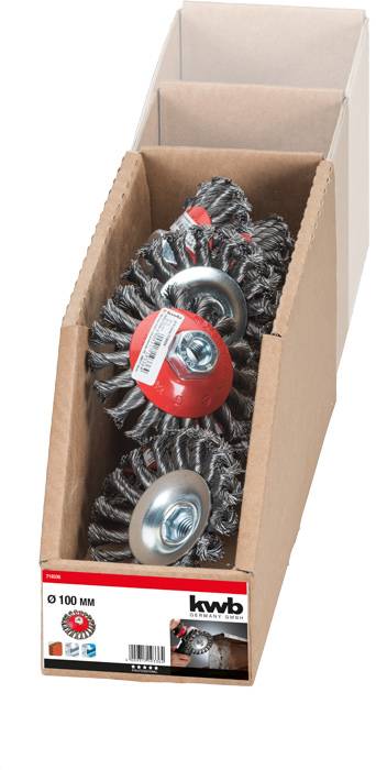 Eine Box mit drei Drahtbürsten für Winkelschleifer, jeweils mit rotem Zentrum, von der Marke kwb, gekennzeichnet mit 'Ø 100 MM'.