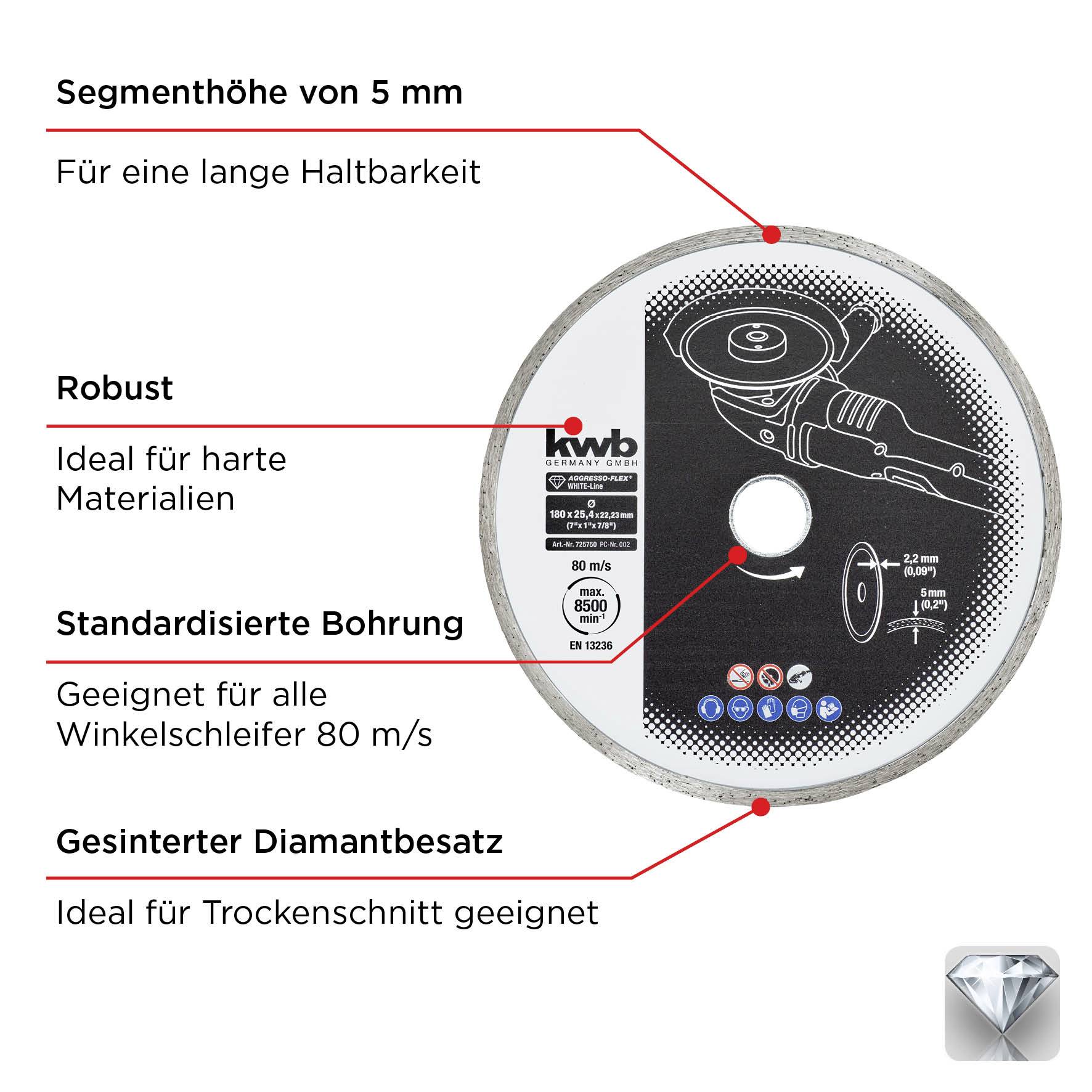 Segmentierte Schleifscheibe mit Hinweisen: 5 mm Segmenthöhe, robust, standardisierte Bohrung, gesinterter Diamantbesatz für Trockenschnitt.