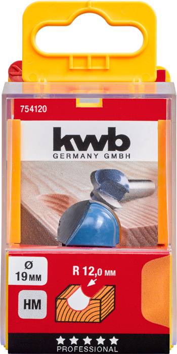 'Verpackung eines Fräsers von kwb Germany GmbH. Durchmesser 19 mm, Radius 12 mm, für Holzbearbeitung geeignet, HM-Qualität.'