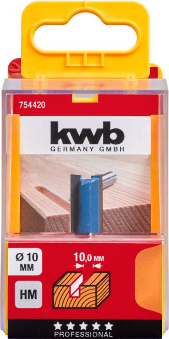 'Verpackung eines Fräsers der Marke KWB. Durchmesser: 10 mm. Geeignet für Holzbearbeitung. Produkt ist professionell klassifiziert.'