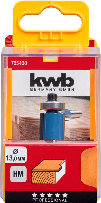 Ein Fräsbohrer in einer Verpackung, zeigt Details wie Durchmesser '13,0 mm' und das Symbol für Holzveredelung.
