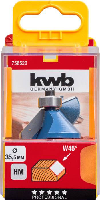'Kegelfräser, KWB Germany GMBH, Durchmesser 35,5 mm, Winkel 45 Grad, Hartmetall, geeignet für professionelle Holzverarbeitung.'