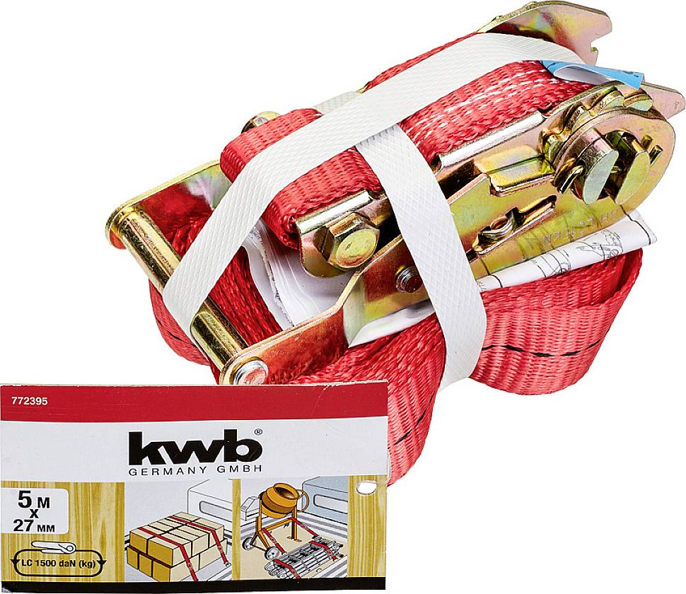 Ratschenzurrgurt in Rot mit Klemmschloss und weißem Halteband. Verpackung zeigt Anwendungsmotive und Spezifikationen: 5 m x 27 mm.