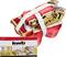 Ratschenzurrgurt in Rot mit Klemmschloss und weißem Halteband. Verpackung zeigt Anwendungsmotive und Spezifikationen: 5 m x 27 mm.