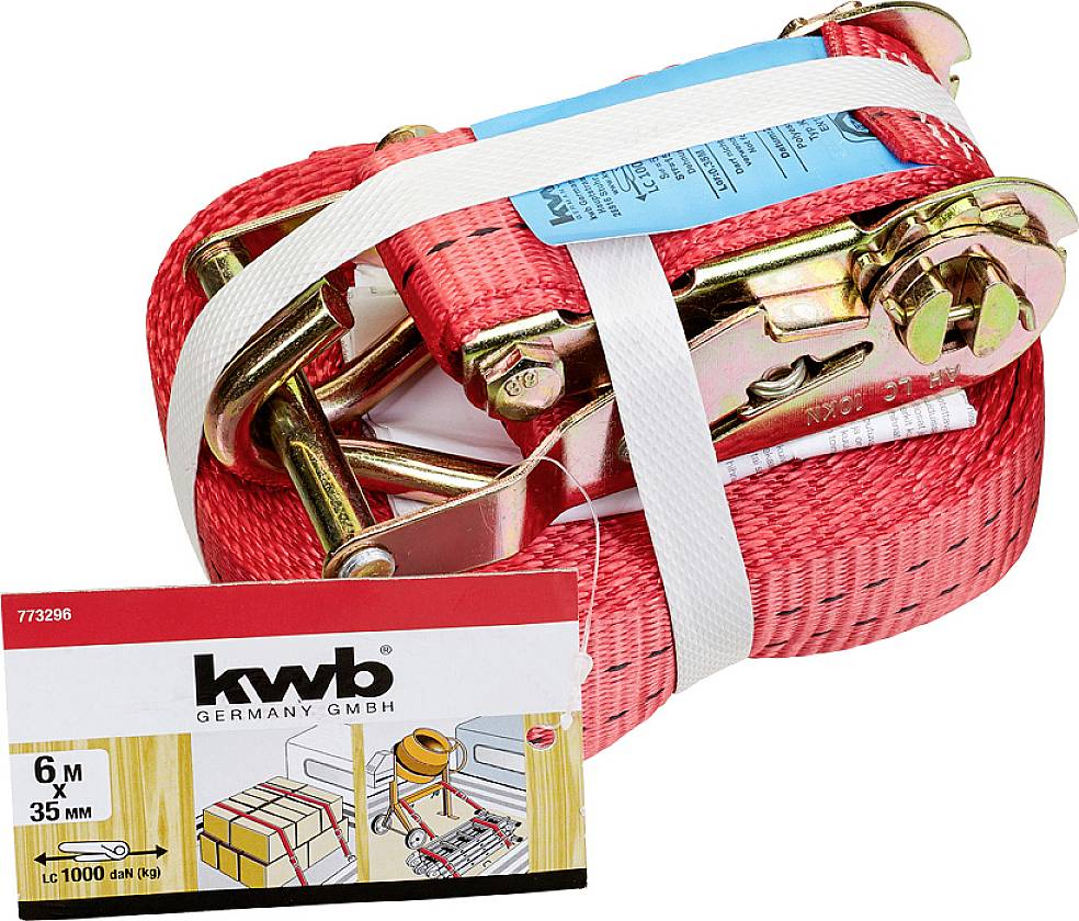 Roter Spanngurt, 6 m x 35 mm, mit Ratschenmechanismus. Verpackung zeigt Gurt zur Ladungssicherung. Hersteller: kwb Germany GmbH.