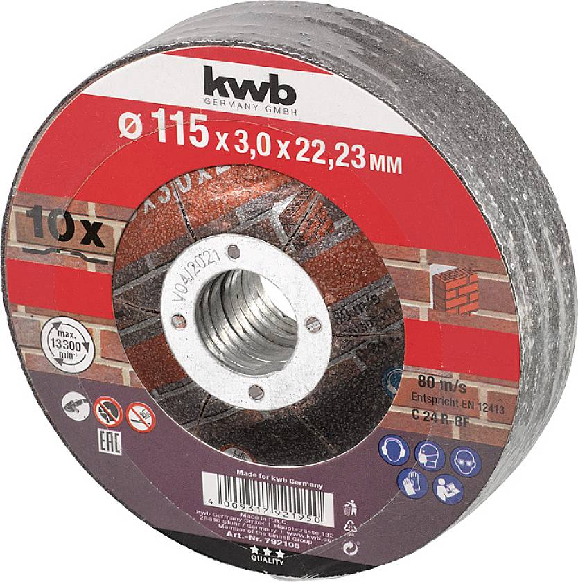 Schleifscheibe von 'kwb Germany GmbH', 115 mm Durchmesser, für Metallbearbeitung, rote Verpackung, 10 Stück Packung.
