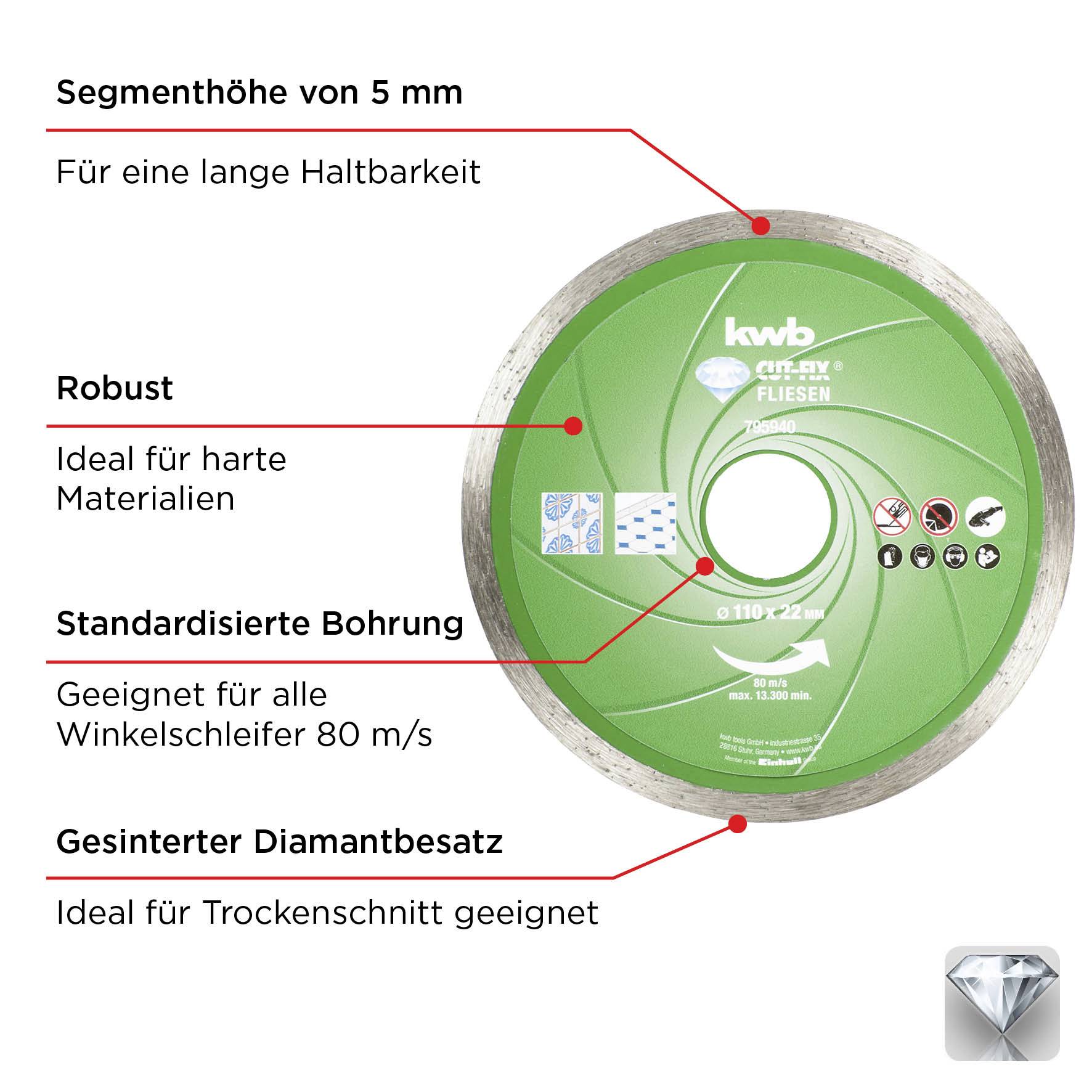 'Grüne Diamanttrennscheibe von kwb für Fliesen': 1. Segmenthöhe 5 mm für Haltbarkeit. 2. Robust für harte Materialien. 3. Standardbohrung für alle Winkelschleifer. 4. Gesinterter Diamantbesatz für Trockenschnitt.