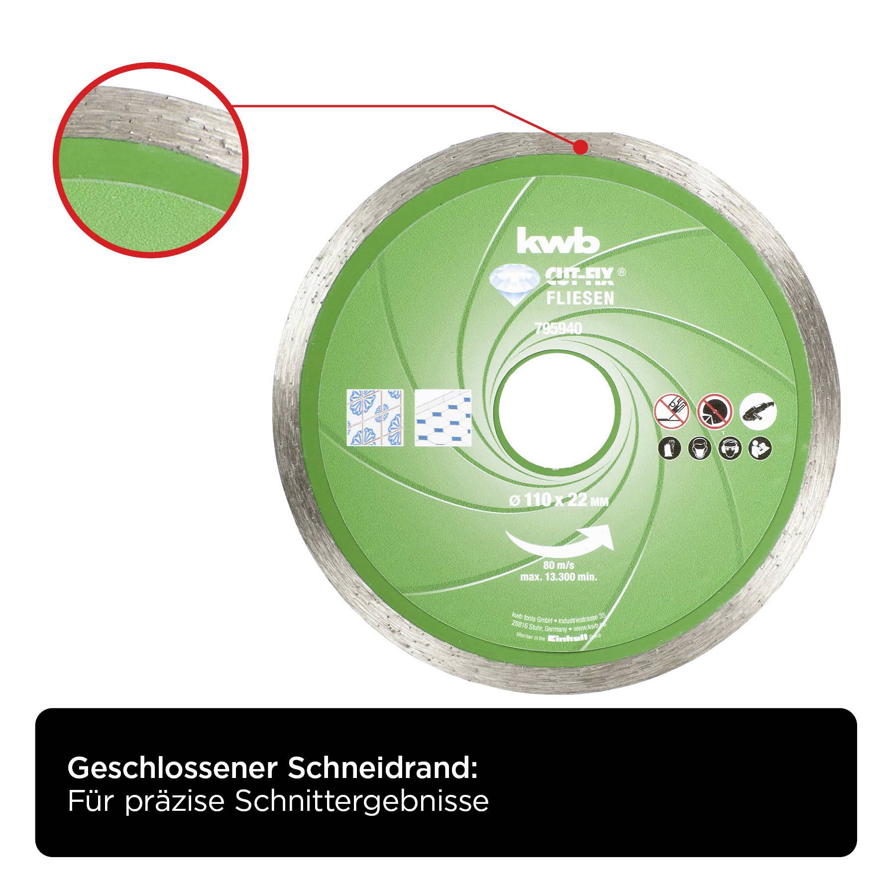 'Grüne Fliesenscheibe mit geschlossenem Schneidrand, Durchmesser 110x22 mm, für präzise Schnittergebnisse.'
