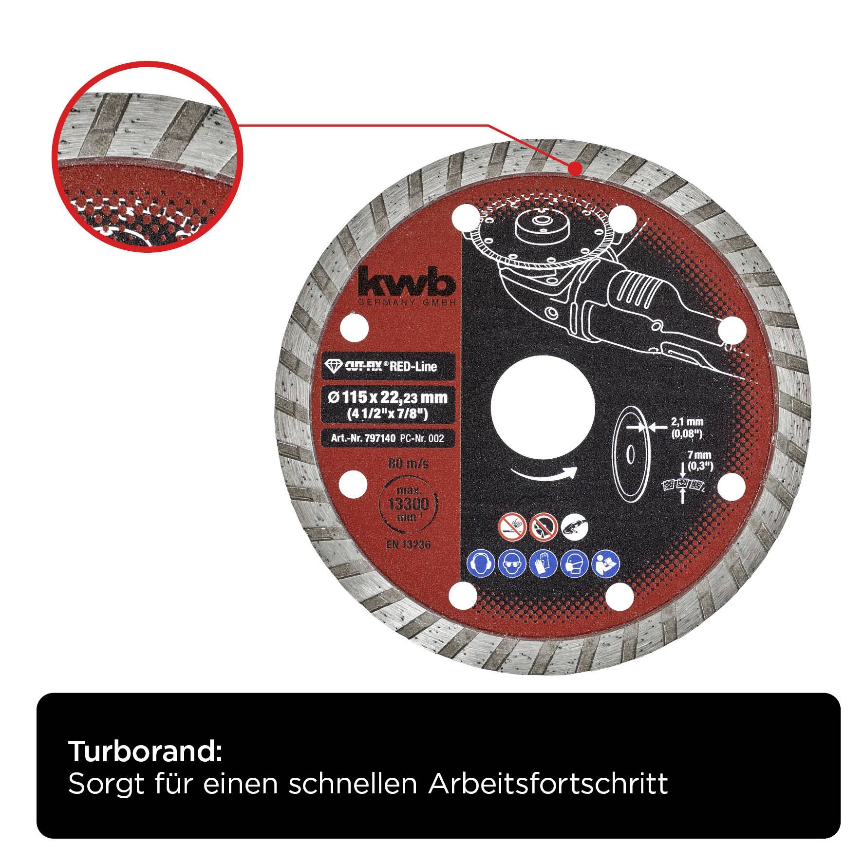 'Rote Trennscheibe KWB für Winkelschleifer, ø115x22,23 mm. Eignet sich für schnellen Arbeitsfortschritt. Turbo-Rand hervorgehoben.'