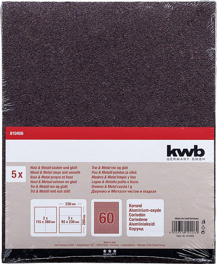 Schleifpapier-Set mit 5 Blättern in 230x280 mm. Geeignet für Holz und Metall. Körnung: 60. Marke: kwb Germany.