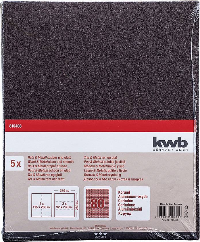 'Kwb Schmirgelpapier, 5er-Pack, 230 mm x 280 mm, 80er Körnung. Geeignet für Holz und Metall, reinigend und glättend.'