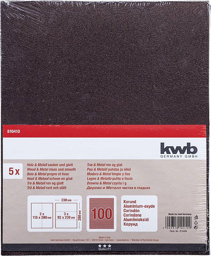 'Kwb Schleifpapier für Holz und Metall, 5 Blätter je 230x280 mm, Korundmaterial, Körnung 100, geeignet für diverses Schleifen.'